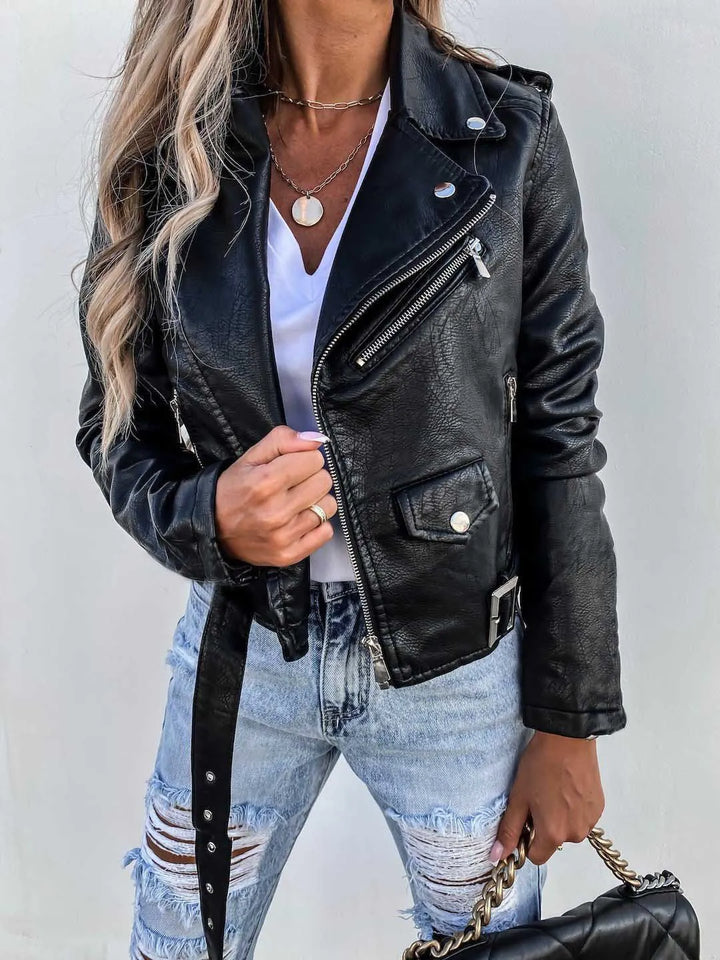 Veste De Motard Pour Femme En Similicuir Avec Détails Zippés