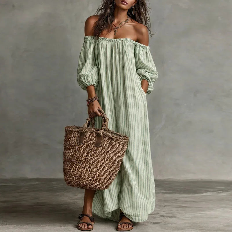 Abito lungo donna con spalle scoperte in stile bohémien