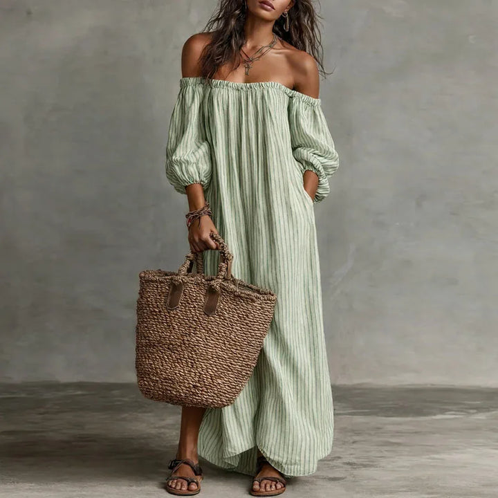 Abito lungo donna con spalle scoperte in stile bohémien