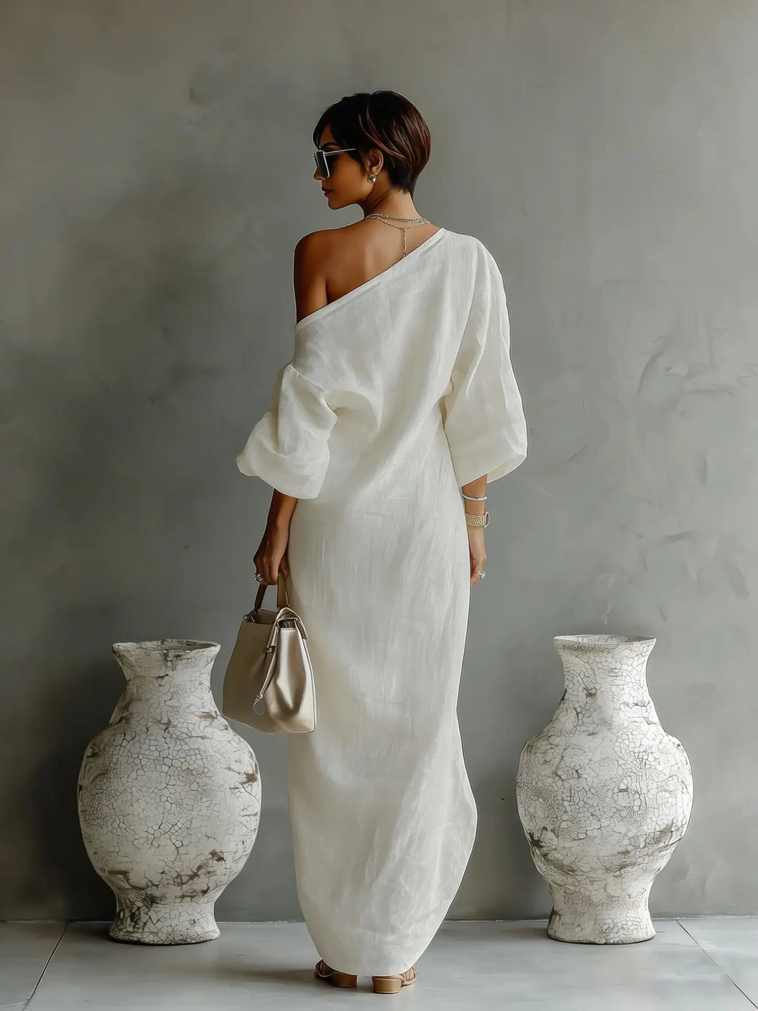 Asymmetric One-Shoulder Maxi Dress with Batwing Sleeves and Pockets