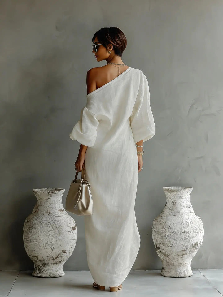 Asymmetric One-Shoulder Maxi Dress with Batwing Sleeves and Pockets