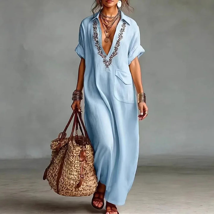 Abito Maxi Bohemien Donna con Stampa e Scollo a V