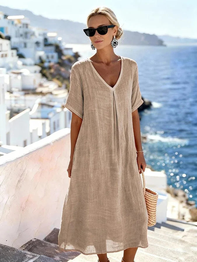 Casual Midi Dress for Women with V-Neck and Flowing Fit – Marlovale