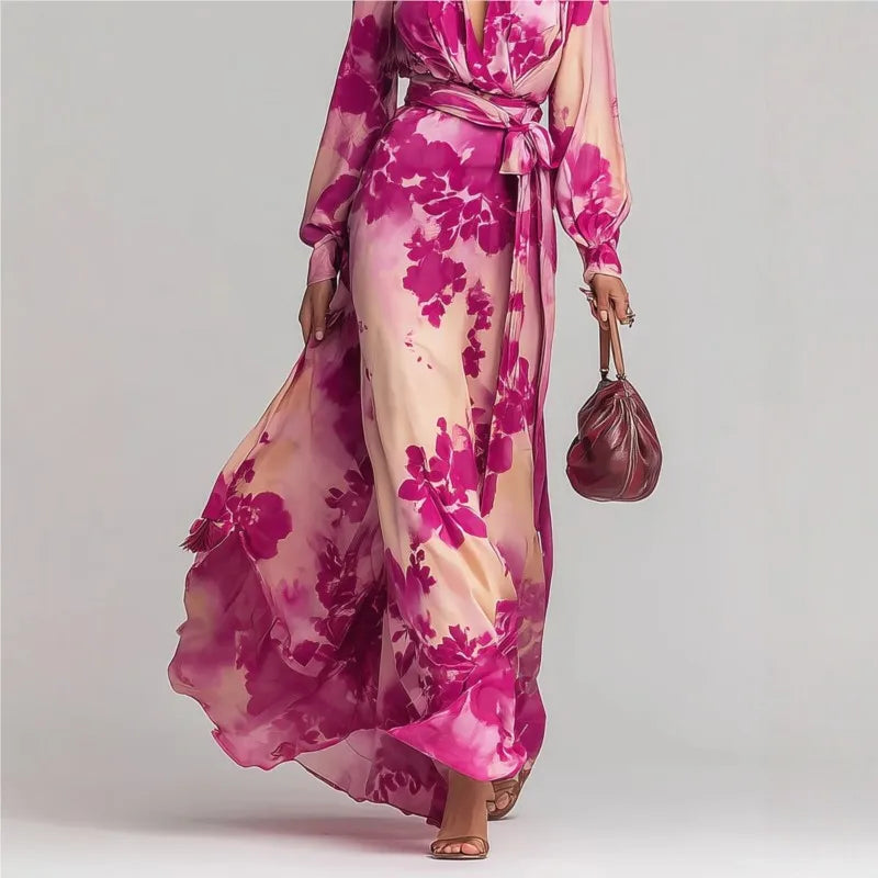 Abito lungo da donna bohemien con scollo profondo e vita cinturata