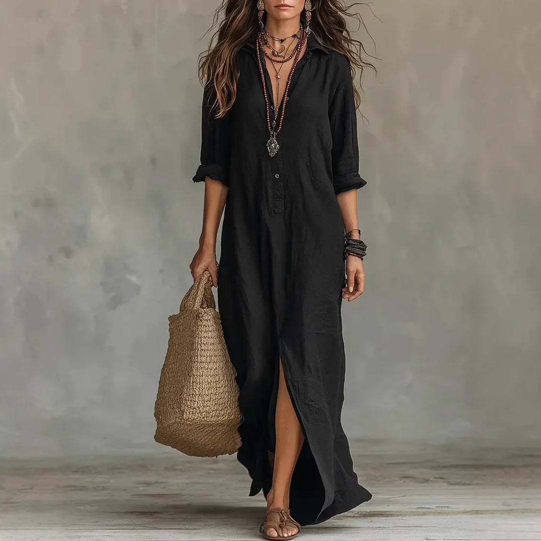 Vestido largo maxi con cuello en V y abertura para mujer