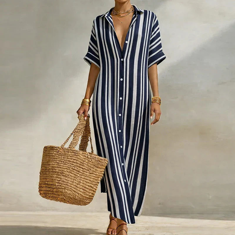 Robe Maxi Femme Rayée à Col Chemise et Design Contrasté