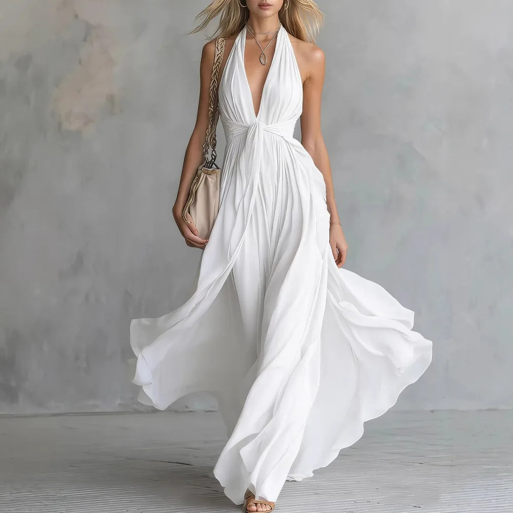 Abito lungo da donna con collo halter, scollo a V e spacco