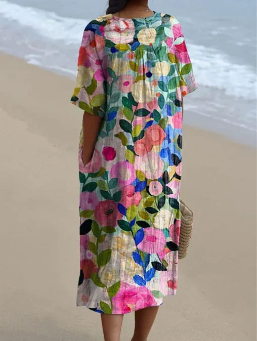 Women's Floral Print V-Neck Summer Midi Dress