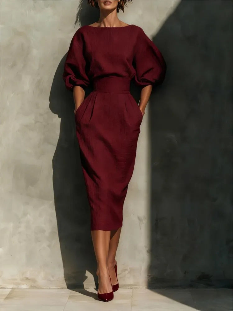 Robe Midi Femme à Taille Cintrée et Manches Bouffantes