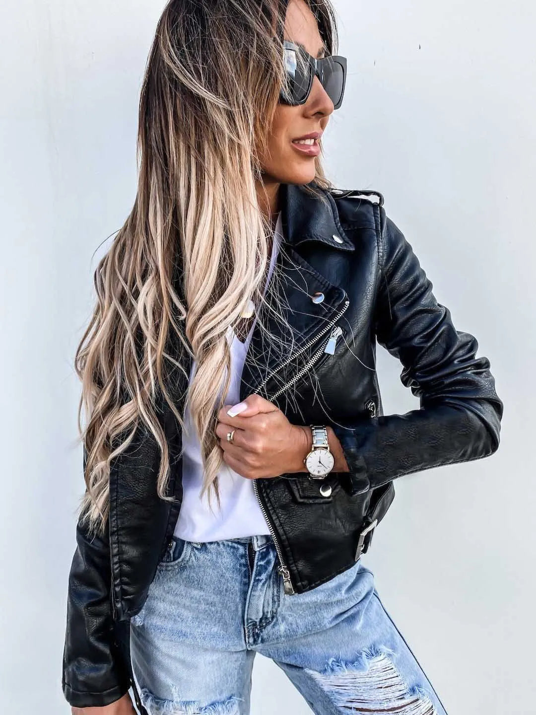 Veste De Motard Pour Femme En Similicuir Avec Détails Zippés