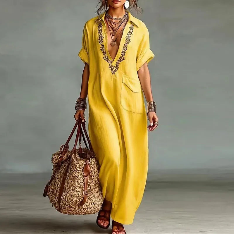 Abito Maxi Bohemien Donna con Stampa e Scollo a V