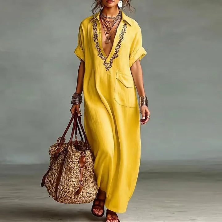 Abito Maxi Bohemien Donna con Stampa e Scollo a V