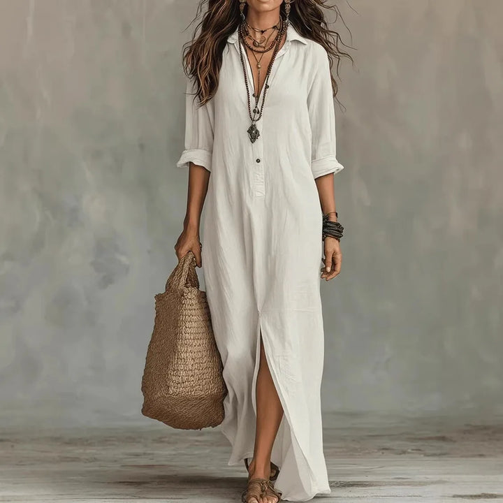 Abito lungo casual con scollo a V da donna maniche 3/4