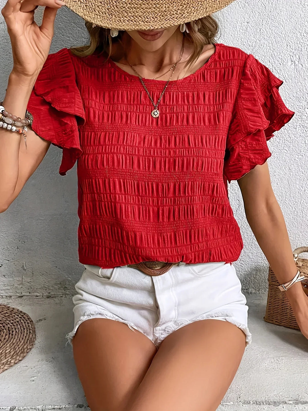 Blouse Femme Texturée à Manches Volantées Décontractée