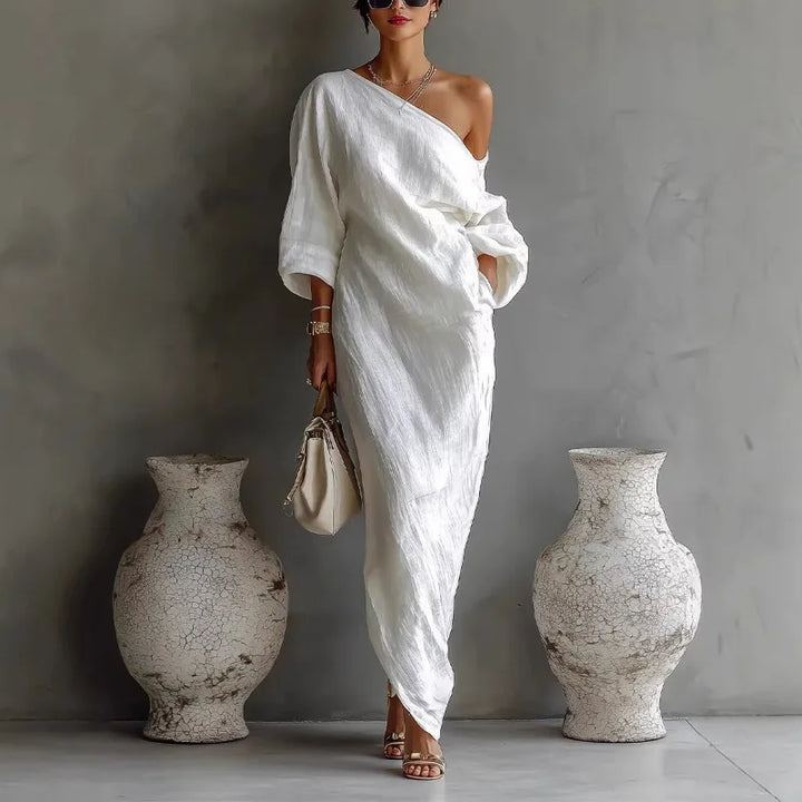 Asymmetric One-Shoulder Maxi Dress with Batwing Sleeves and Pockets