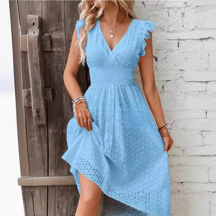 Robe Femme à Col V avec Volants et Ourlet Asymétrique