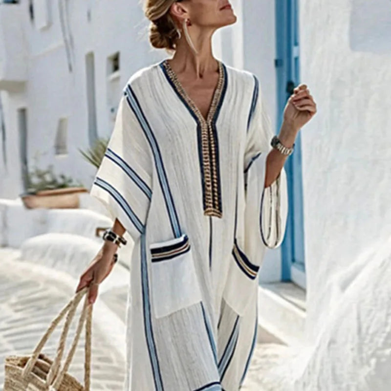 Robe Longue Femme Style Bohème Col V à Rayures