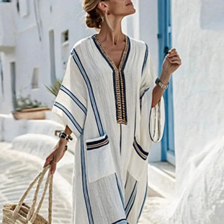 Robe Longue Femme Style Bohème Col V à Rayures