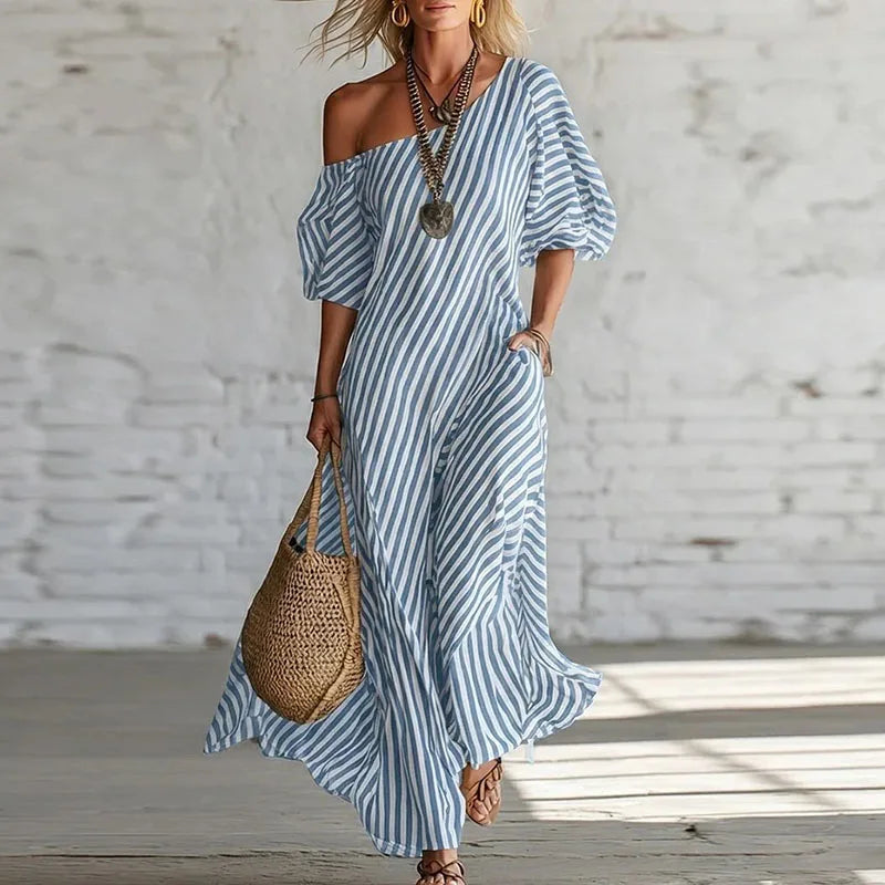 Bohemian One-Shoulder Maxi Dress for Women with Puff Sleeves