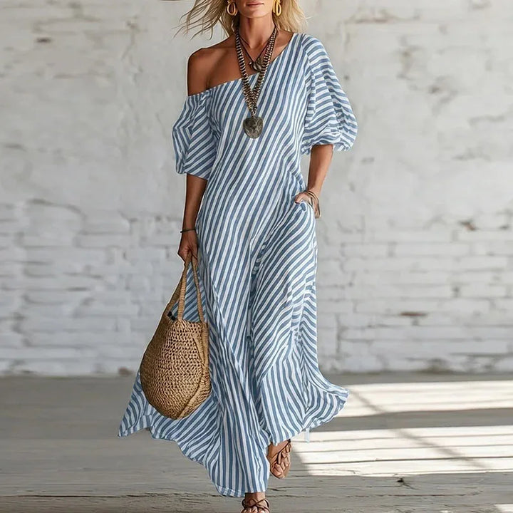 Robe Maxi Femme Bohème à Une Épaule et Manches Bouffantes