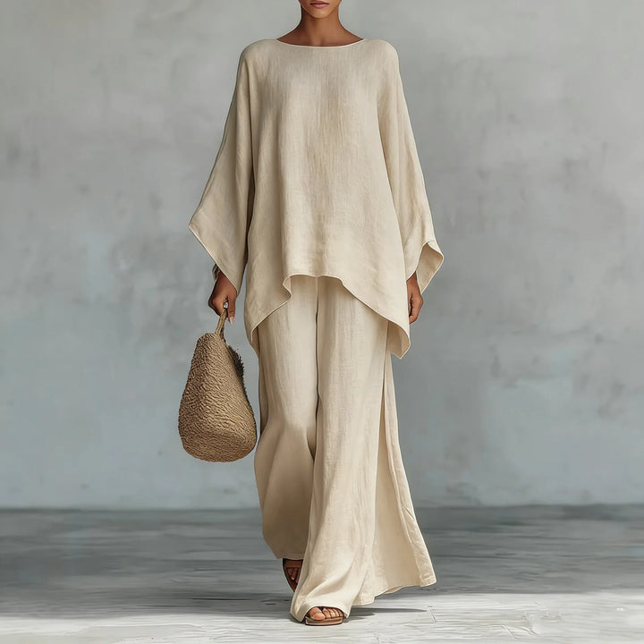 Ensemble Élégant Femme avec Haut Asymétrique et Pantalon Fluide
