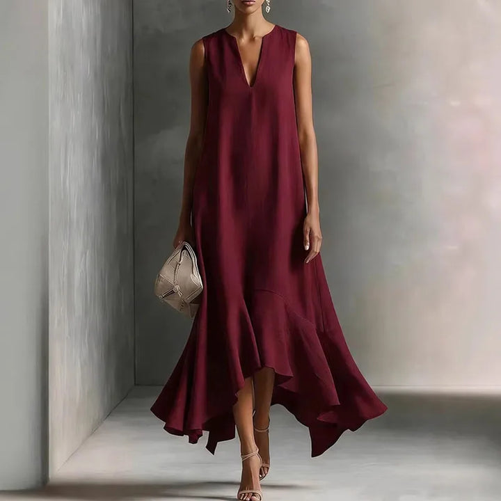Robe Maxi Femme Bohème à Col V et Ourlet Volanté