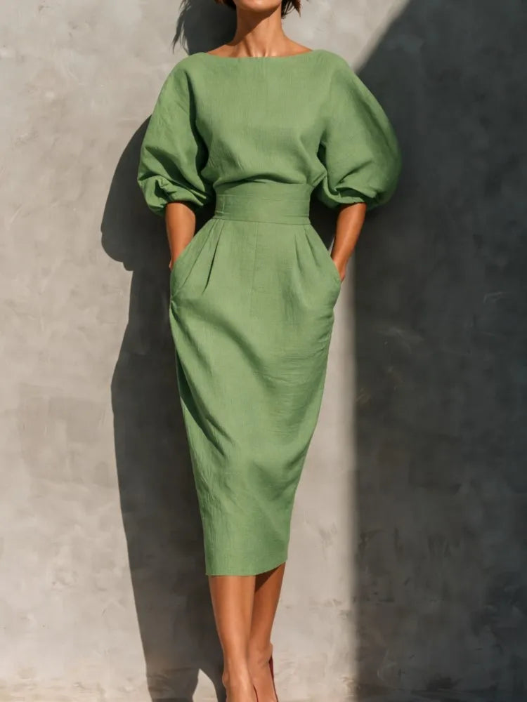 Robe Midi Femme à Taille Cintrée et Manches Bouffantes