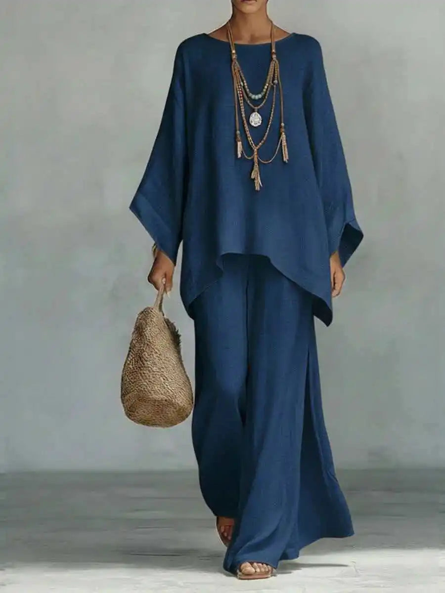 Ensemble Élégant Femme avec Haut Asymétrique et Pantalon Fluide