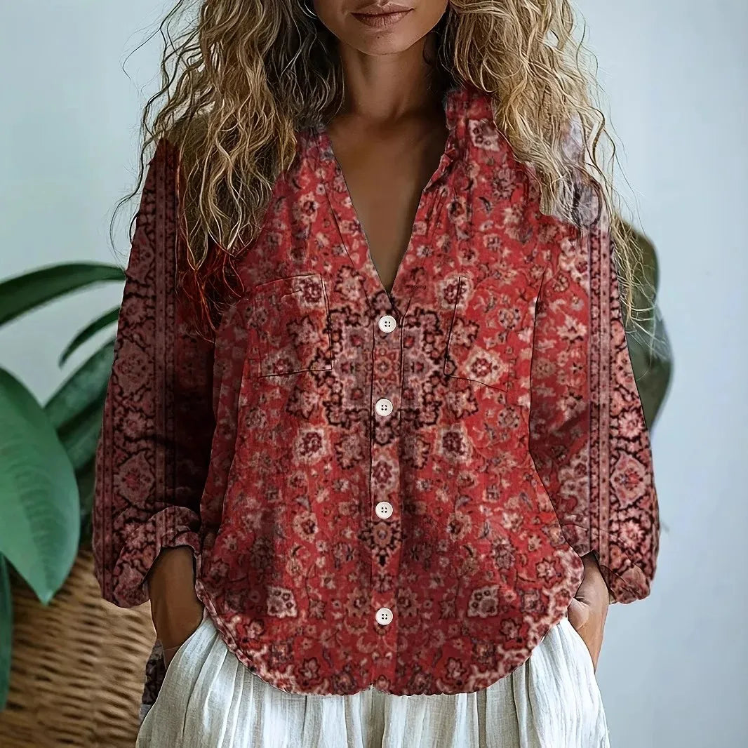 Blouse imprimée col V manches longues femme
