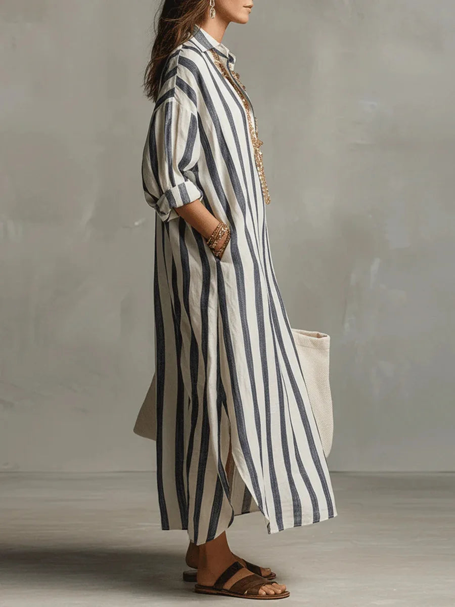 Robe Chemise Longue Rayée Décontractée pour Femme
