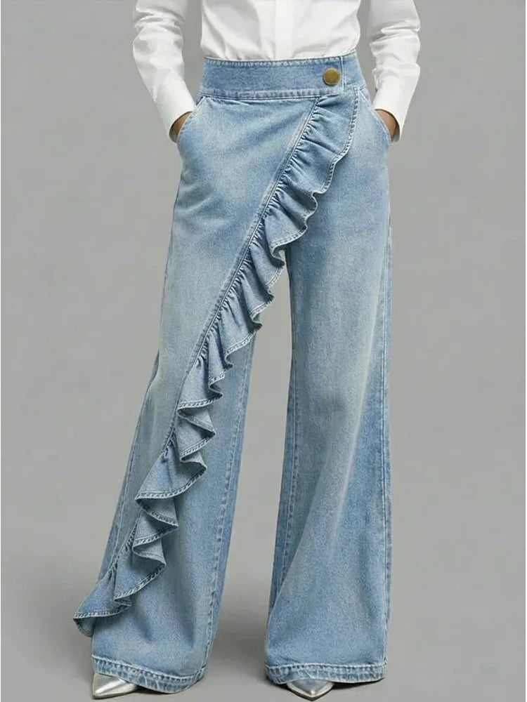 Jean Femme Asymétrique à Jambes Larges et Style Vintage