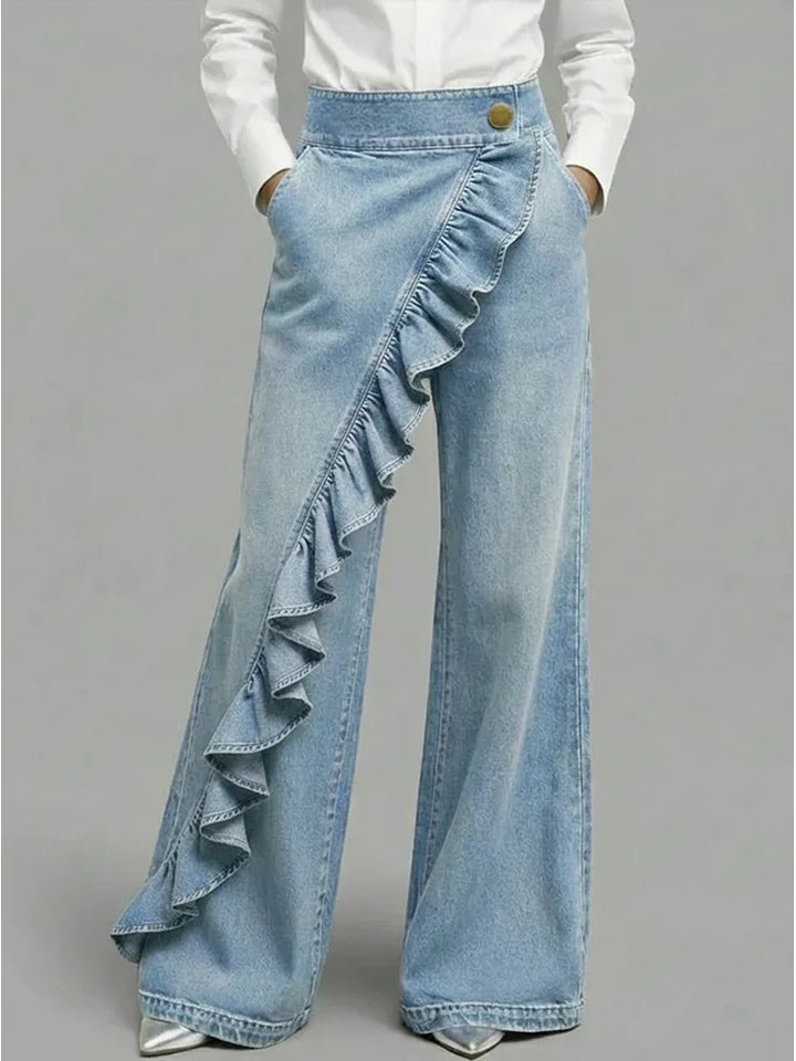 Jean Femme Asymétrique à Jambes Larges et Style Vintage
