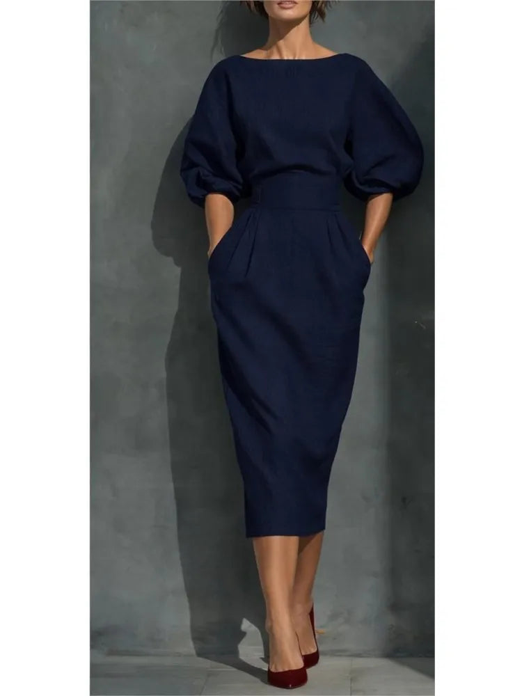 Robe Midi Femme à Taille Cintrée et Manches Bouffantes