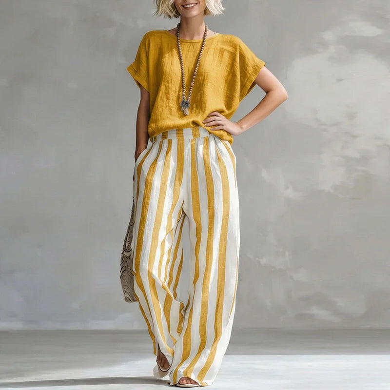 Ensemble Femme Rayé avec Haut à Manches Courtes et Pantalon Large