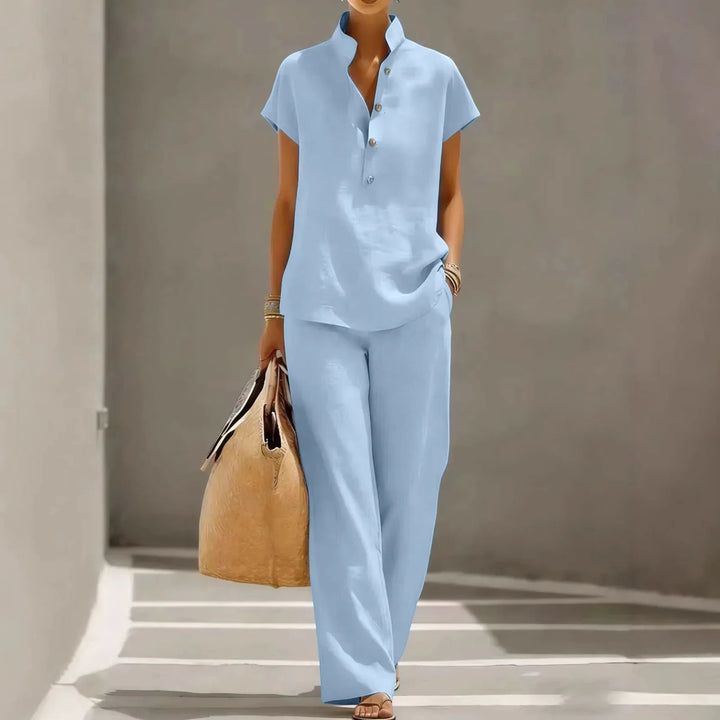 Completo donna casual due pezzi con colletto alla coreana e pantaloni ampi