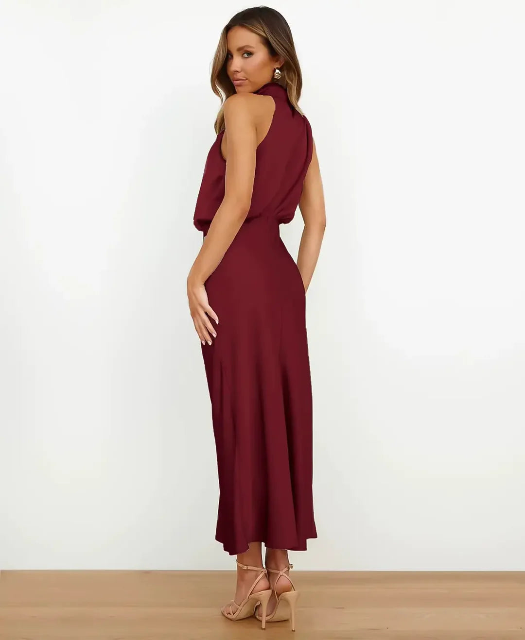 Robe Midi Femme Satinée à Col Drapé