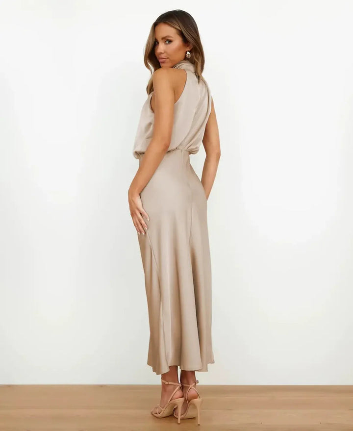 Robe Midi Femme Satinée à Col Drapé