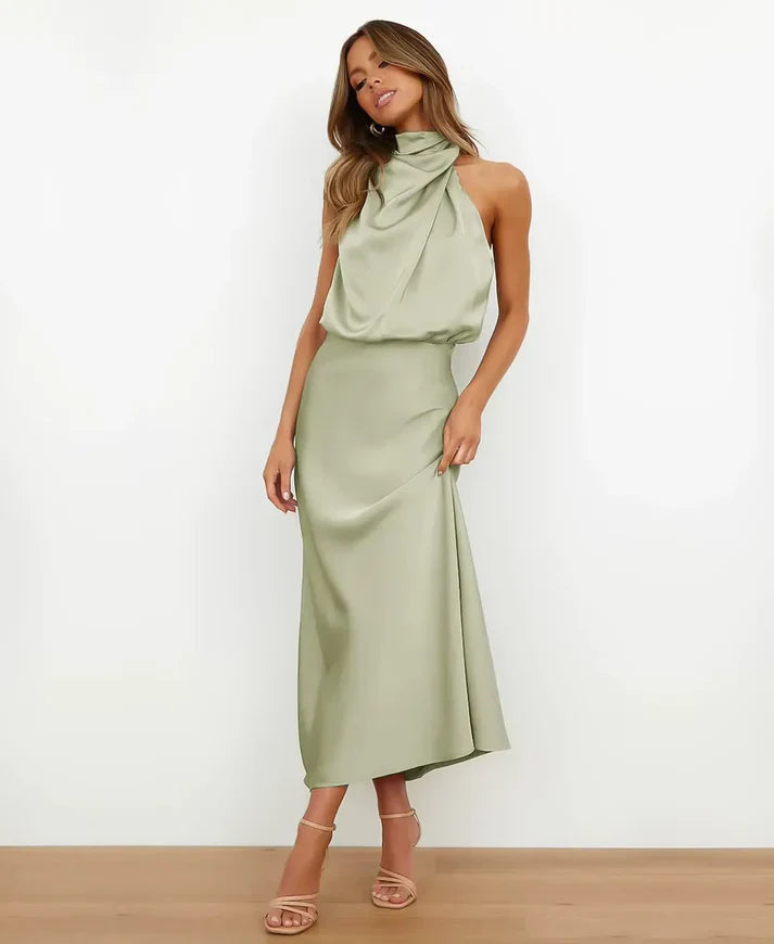 Robe Midi Femme Satinée à Col Drapé