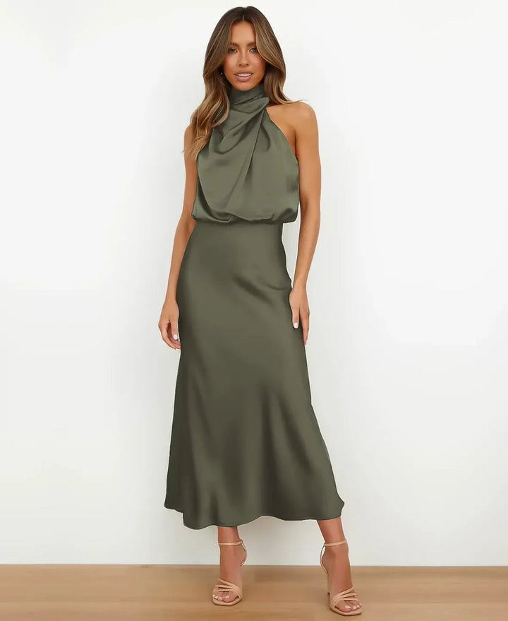Robe Midi Femme Satinée à Col Drapé