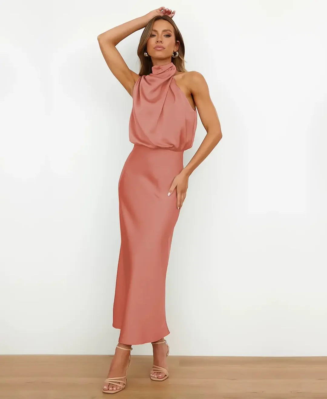 Robe Midi Femme Satinée à Col Drapé