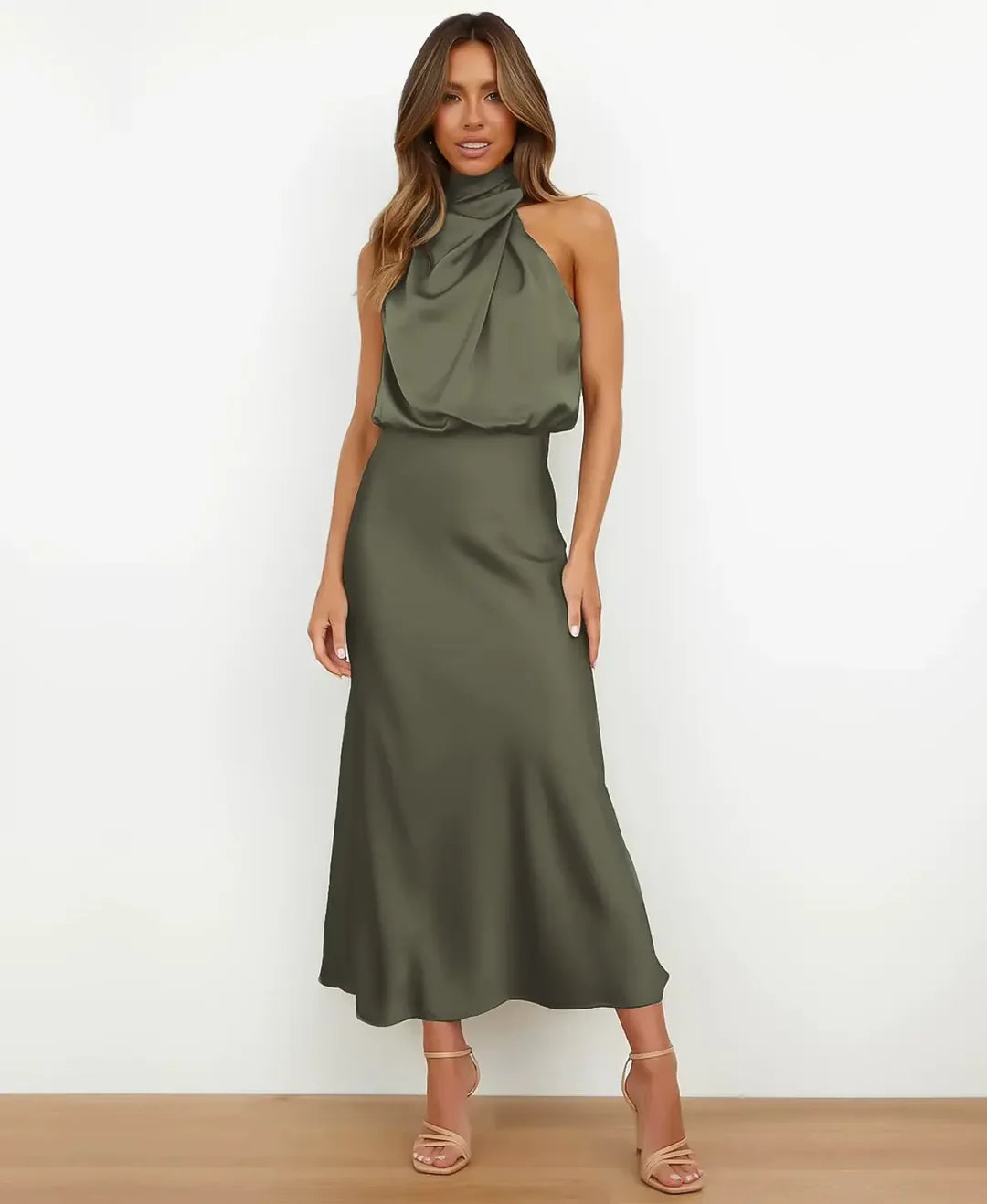 Robe Midi Femme Satinée à Col Drapé