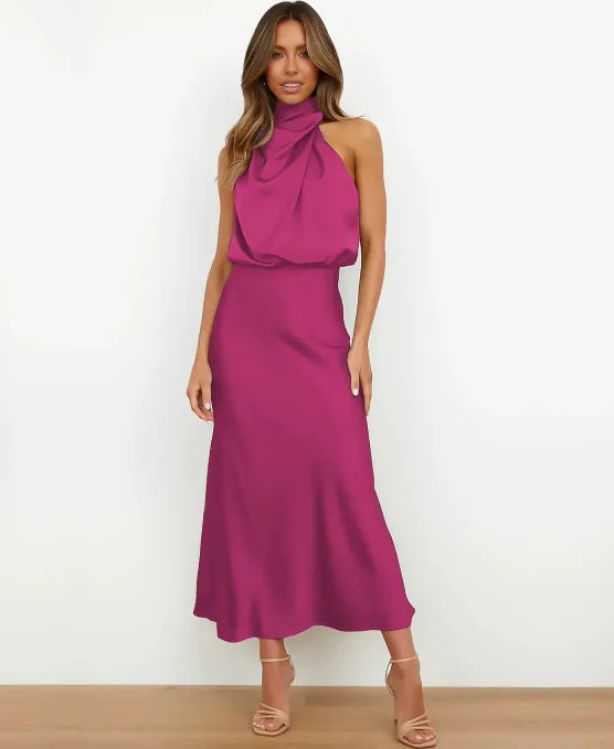 Robe Midi Femme Satinée à Col Drapé