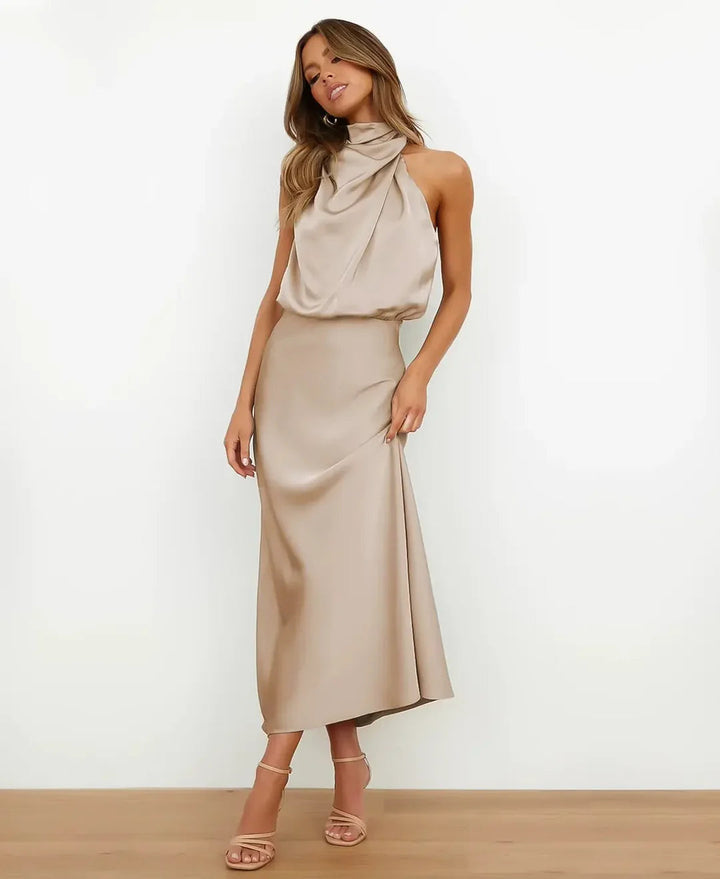 Robe Midi Femme Satinée à Col Drapé