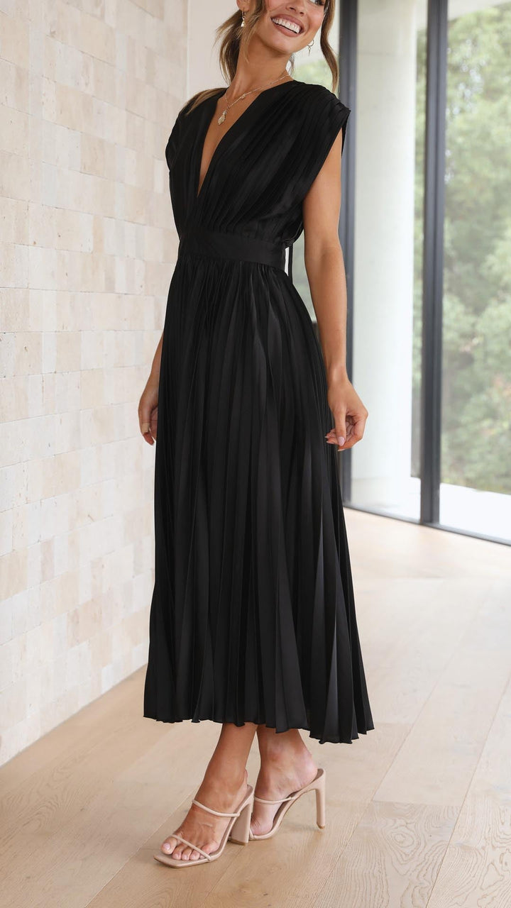 Elegantní plisované midi šaty s výstřihem do V pro ženy