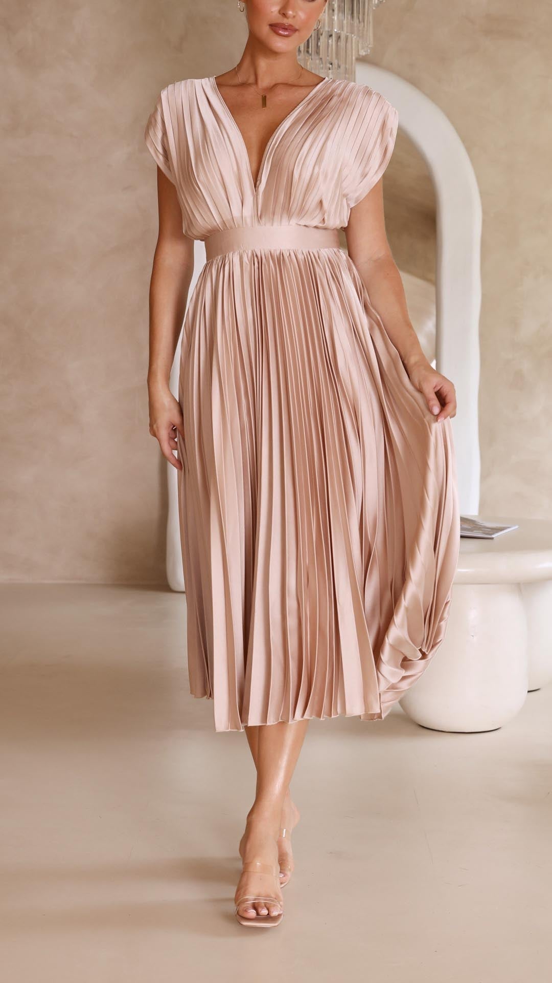 Elegantní plisované midi šaty s výstřihem do V pro ženy