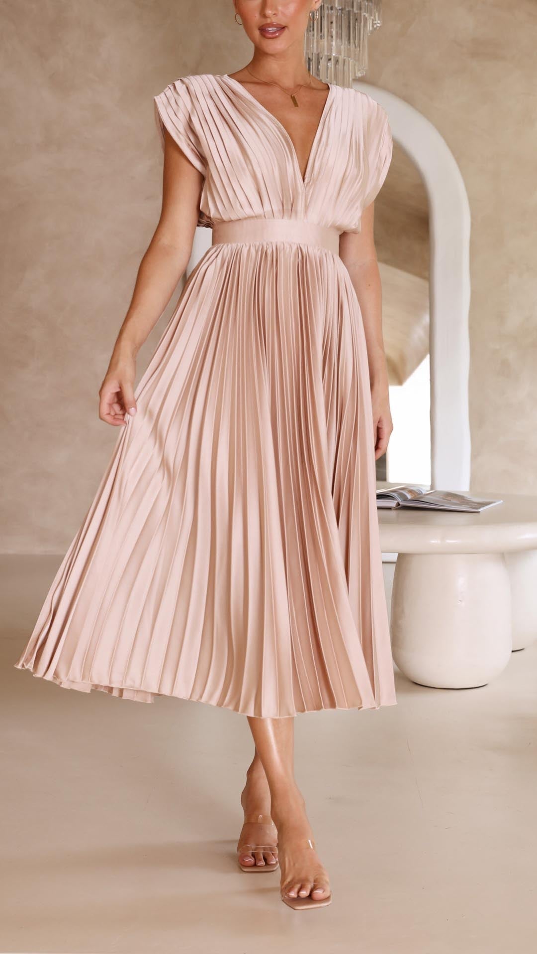 Elegantní plisované midi šaty s výstřihem do V pro ženy