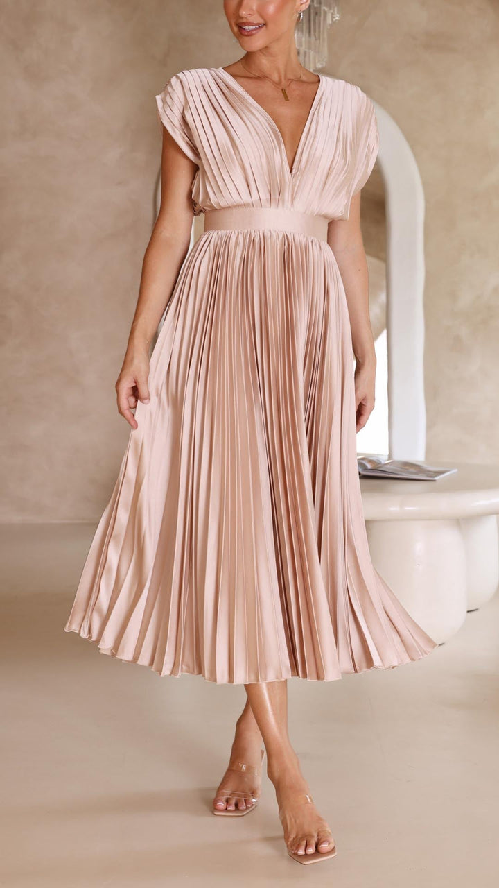 Elegantní plisované midi šaty s výstřihem do V pro ženy