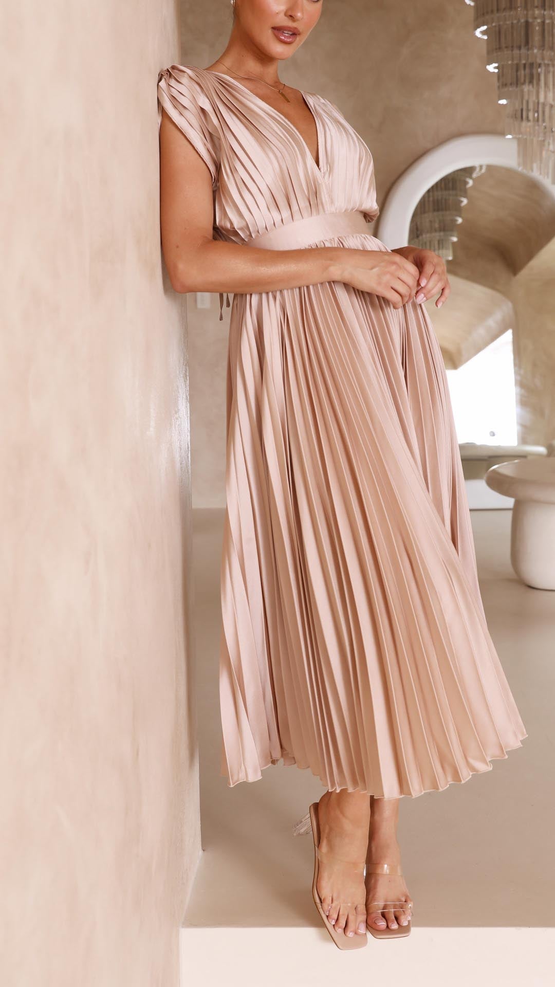Elegantní plisované midi šaty s výstřihem do V pro ženy