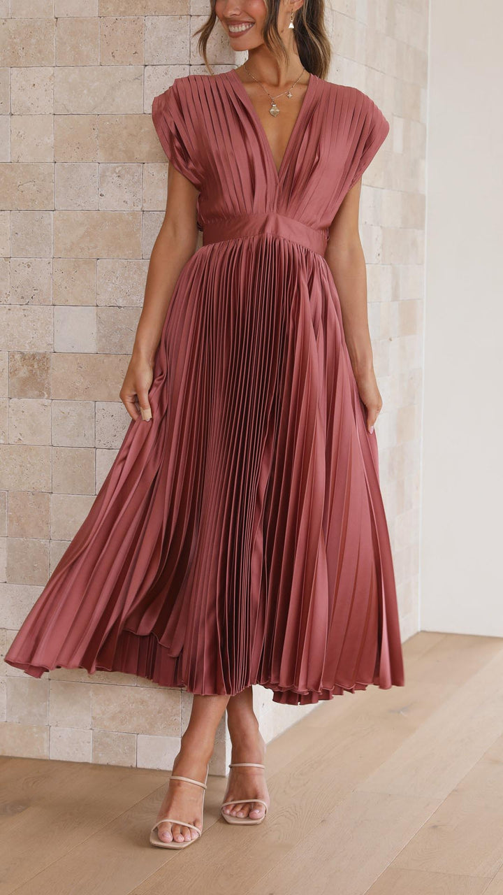 Elegantní plisované midi šaty s výstřihem do V pro ženy