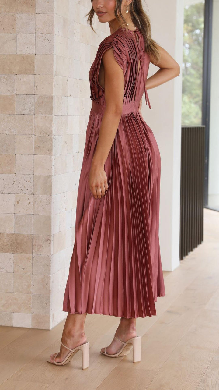 Elegantní plisované midi šaty s výstřihem do V pro ženy
